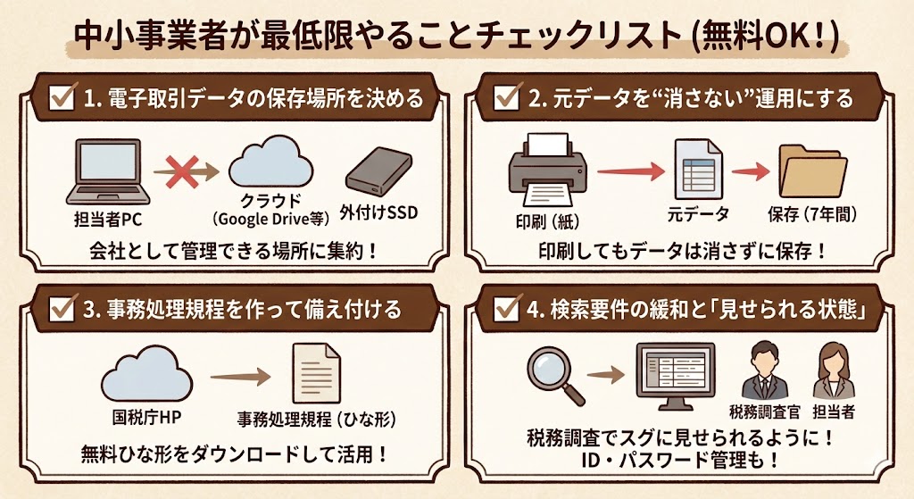 電子帳簿保存法で中小事業者が最低限やことリスト