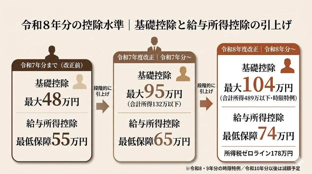 令和7年度改正と令和8年度改正で基礎控除が48万→95万→104万に、給与所得控除の最低保障額が55万→65万→74万に段階的に引き上げられた変遷を示すインフォグラフィック