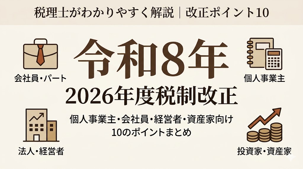 令和8年度税制改正の10のポイントを個人事業主・会社員・経営者・資産家の4つの読者層別にまとめたアイキャッチ画像