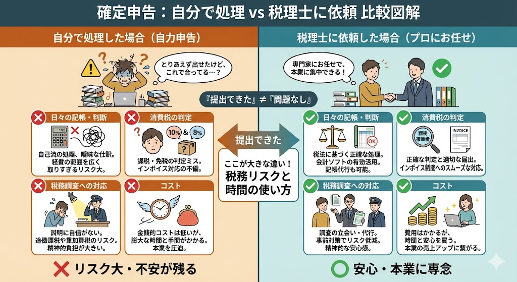 個人事業主の確定申告：自分で処理 vs 税理士に依頼（比較）