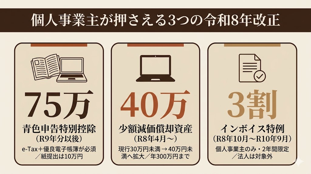 個人事業主・フリーランス向け令和8年度税制改正の3つのポイント（青色申告75万円控除・少額減価償却40万円・インボイス3割特例）を横並びカードで整理した図解