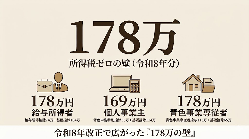 令和8年改正後の所得税ゼロライン178万円を給与所得者・個人事業主・青色事業専従者の3パターンで示したアイキャッチ画像