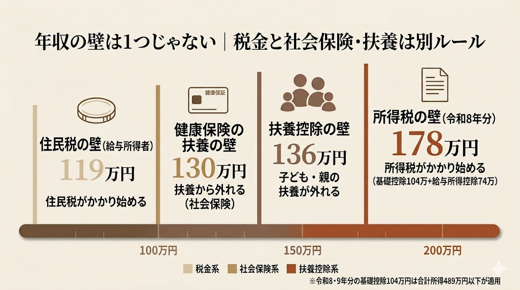 令和8年分の4つの年収の壁を年収軸上に並べたダイアグラム。住民税119万円・社会保険130万円・扶養控除136万円・所得税178万円の位置関係を示す
