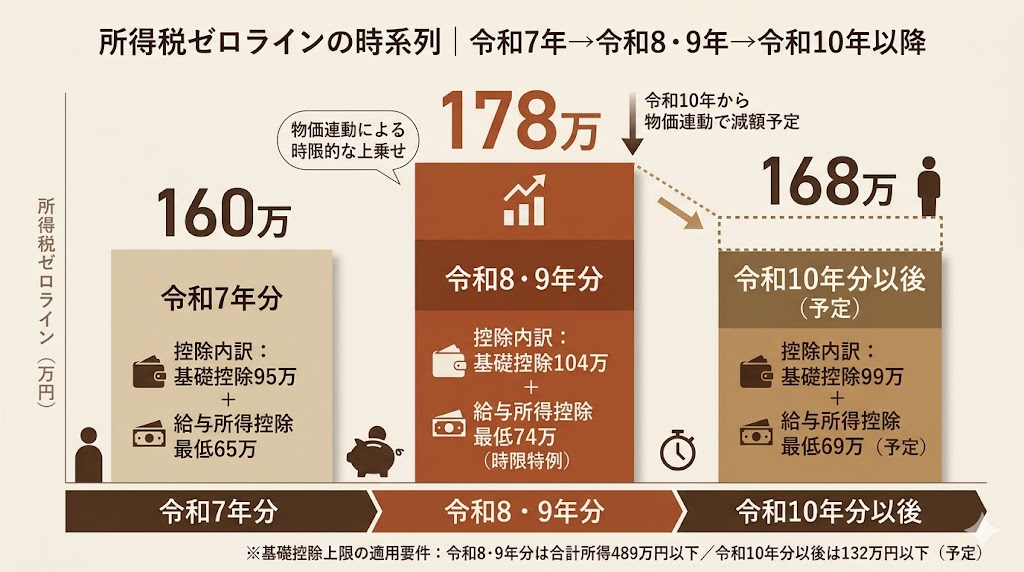 令和7年分160万円・令和8・9年分178万円・令和10年分以後168万円（予定）と推移する所得税ゼロラインの時系列棒グラフ