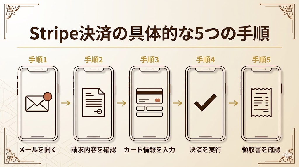 Stripe決済の全体フロー｜請求メール受信から領収書PDF受領までの5ステップ