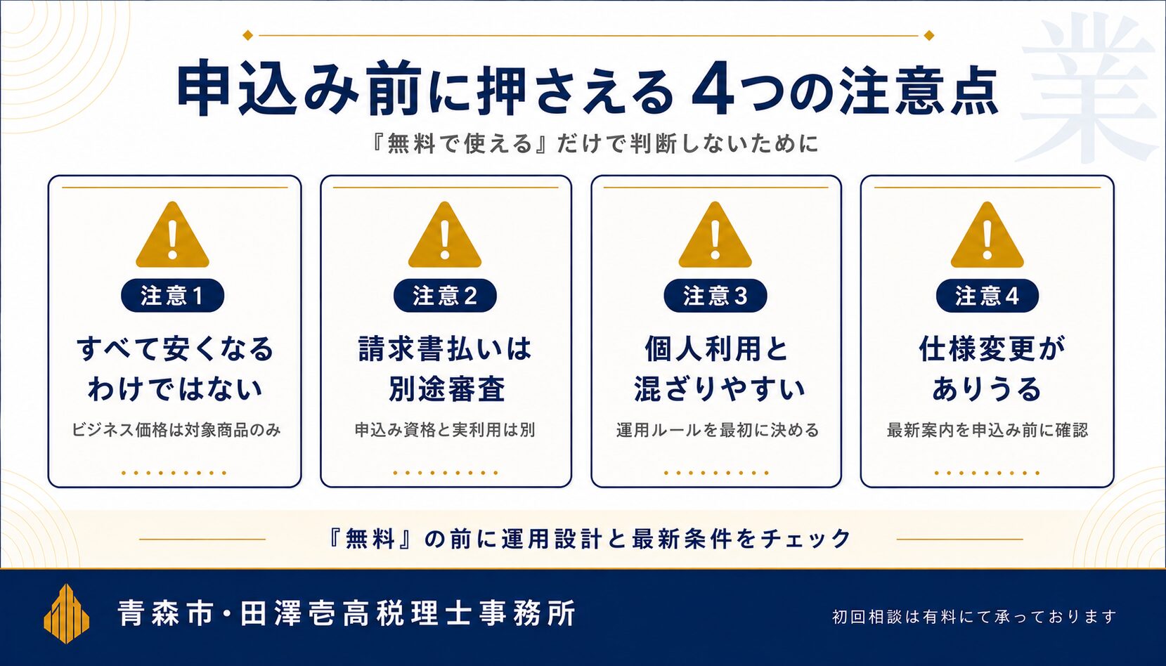 Business Prime Duo利用時の4つの注意点アイコン図