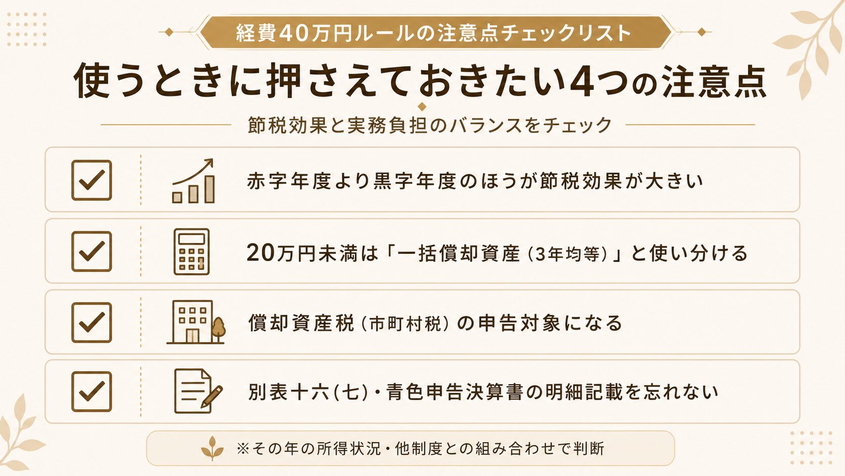 経費40万円ルールを使うときの注意点と判断のコツのチェックリスト図解