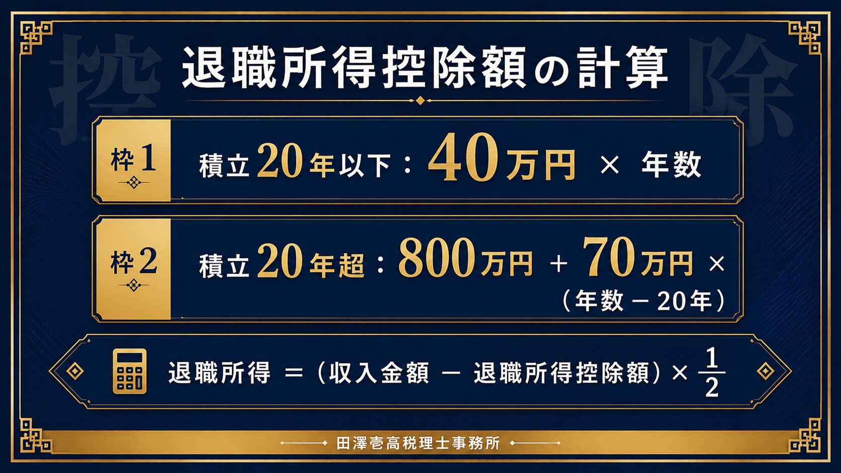 iDeCo一時金にかかる退職所得控除額の計算式を示した図