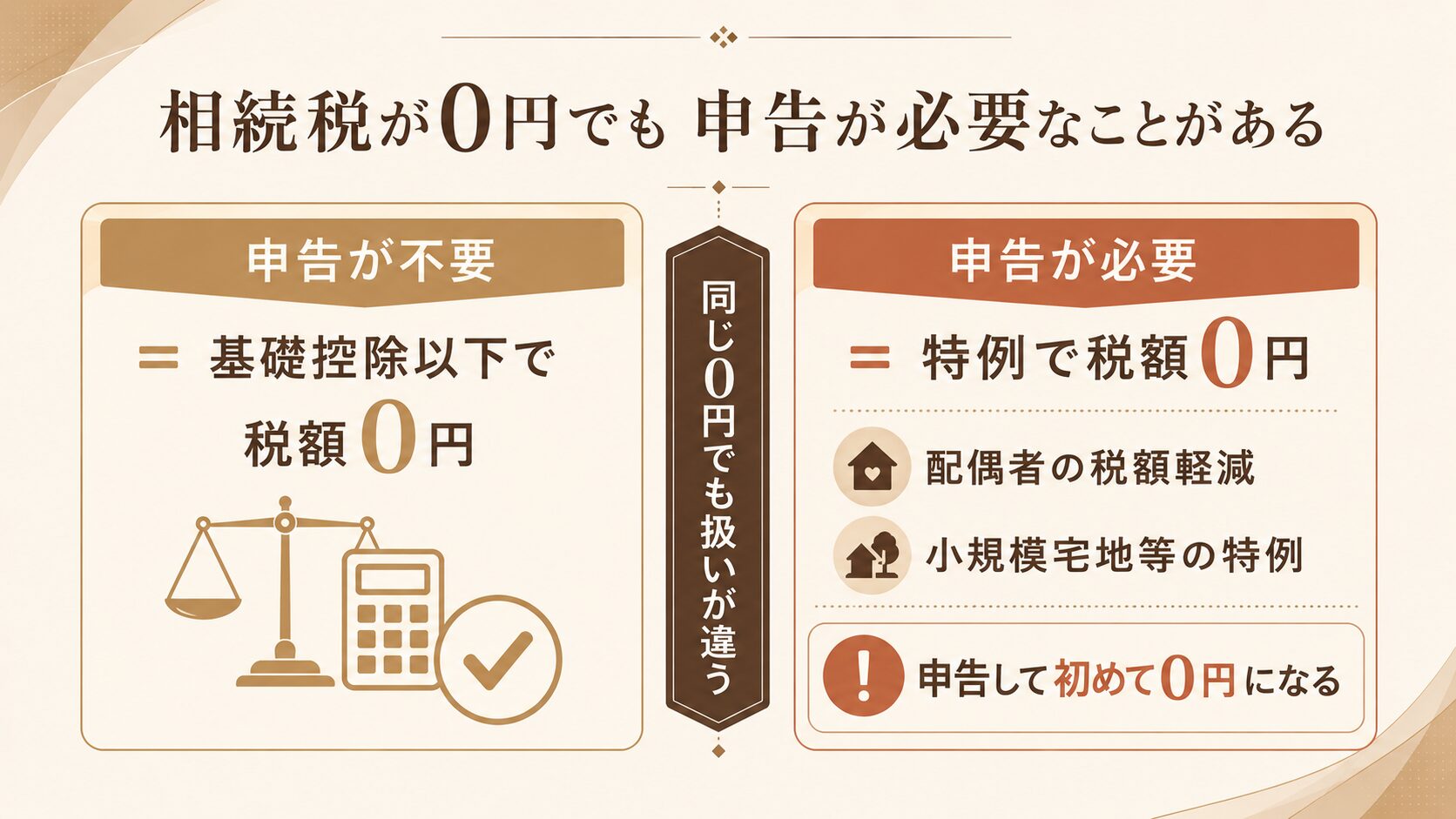 相続税が0円でも申告が必要なケース（配偶者の税額軽減・小規模宅地等の特例）と申告不要なケースの違いを示した図解