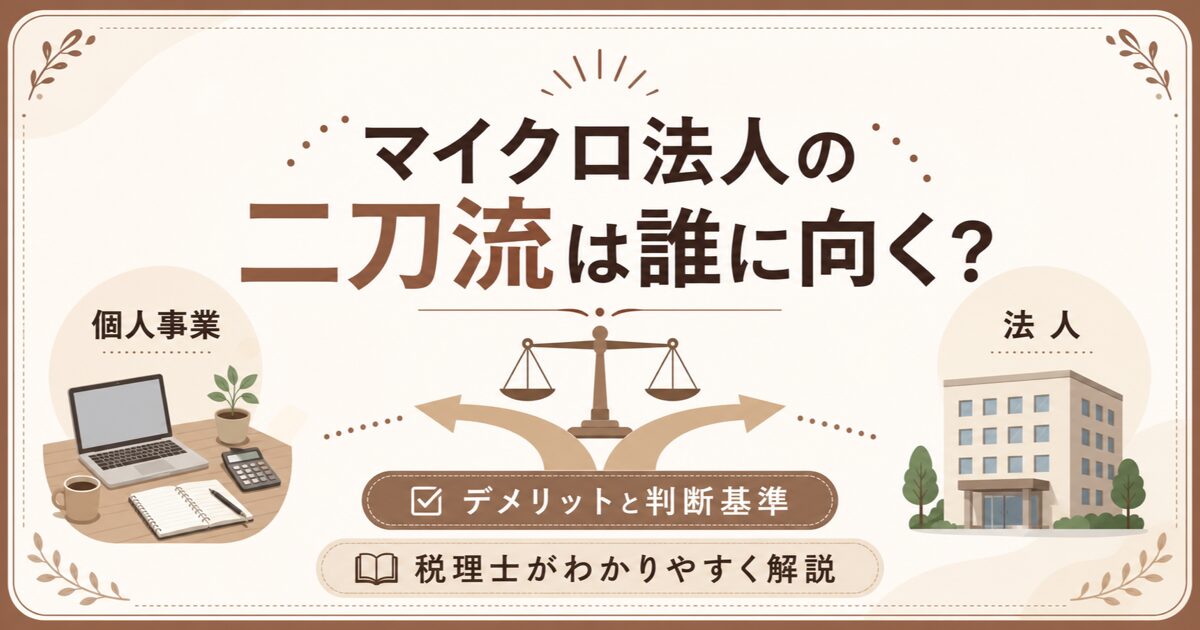 マイクロ法人と個人事業の二刀流のデメリットと判断基準を解説する記事のアイキャッチ（法人・経営者の方へ）