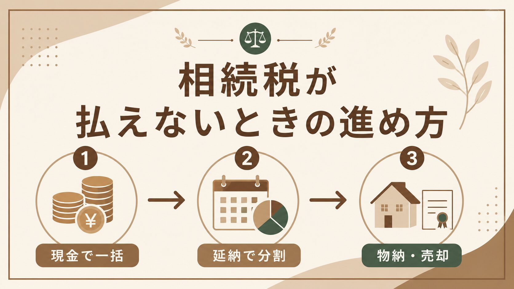 相続税が払えないときの対処法を延納・物納・売却で整理したアイキャッチ（相続・贈与でお困りの方へ）