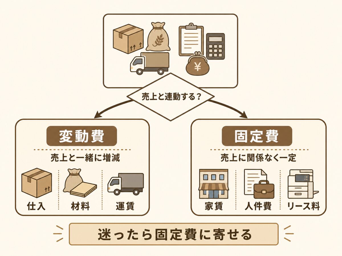 費用を売上との連動性で変動費と固定費に分ける固変分解の考え方を示す図解