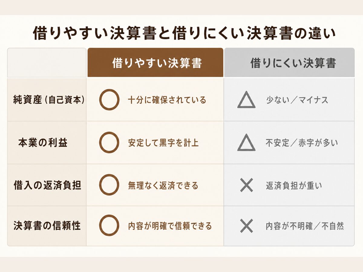 借りやすい決算書と借りにくい決算書の違い(自己資本・利益・信頼性)を左右比較した図解