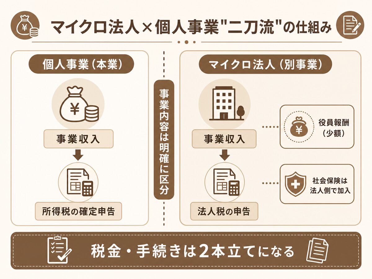 マイクロ法人と個人事業の二刀流の仕組み(本業は個人事業・別事業は法人・社会保険は法人側)を示す図解