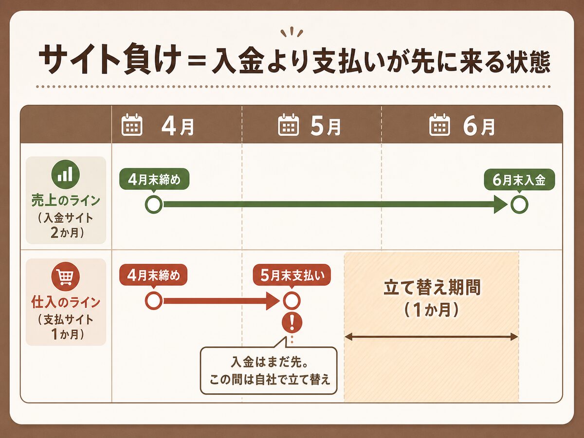 サイト負けの仕組み(入金サイト2か月と支払サイト1か月のズレで支払いが先行する)を示す図解