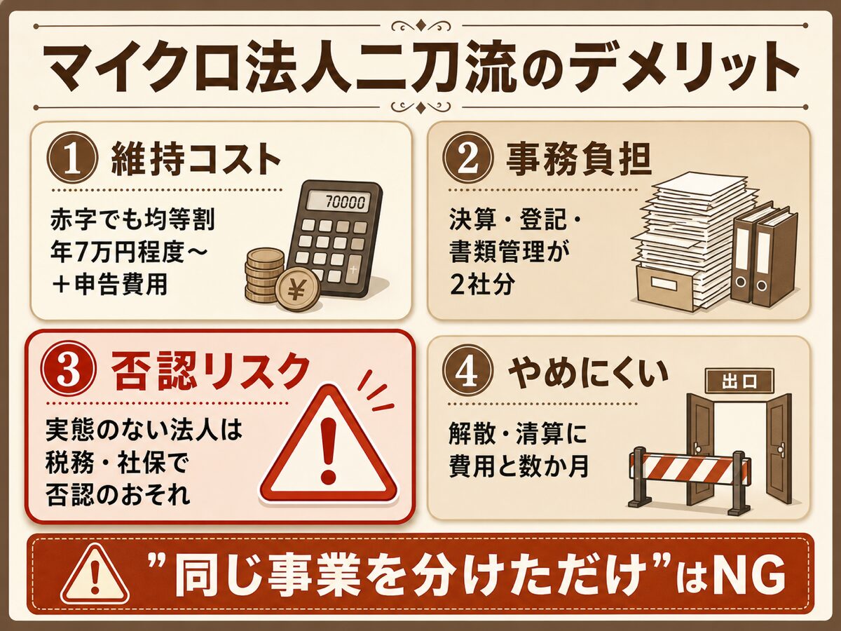 マイクロ法人二刀流のデメリット(維持コスト・事務負担・実態のない法人の否認リスク・廃業コスト)の図解