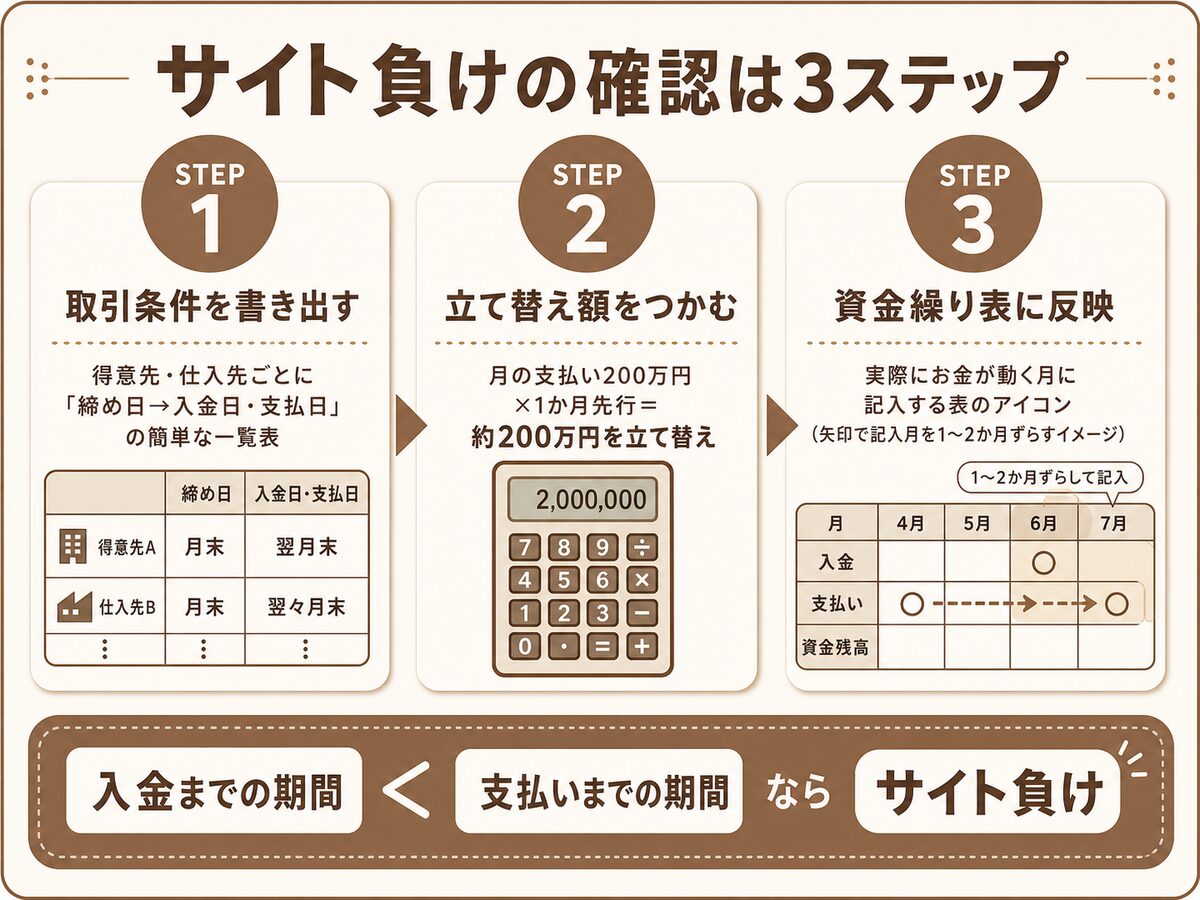 サイト負けの確認方法(取引先ごとに締め日から入金日・支払日を書き出して資金繰り表に反映する)の図解