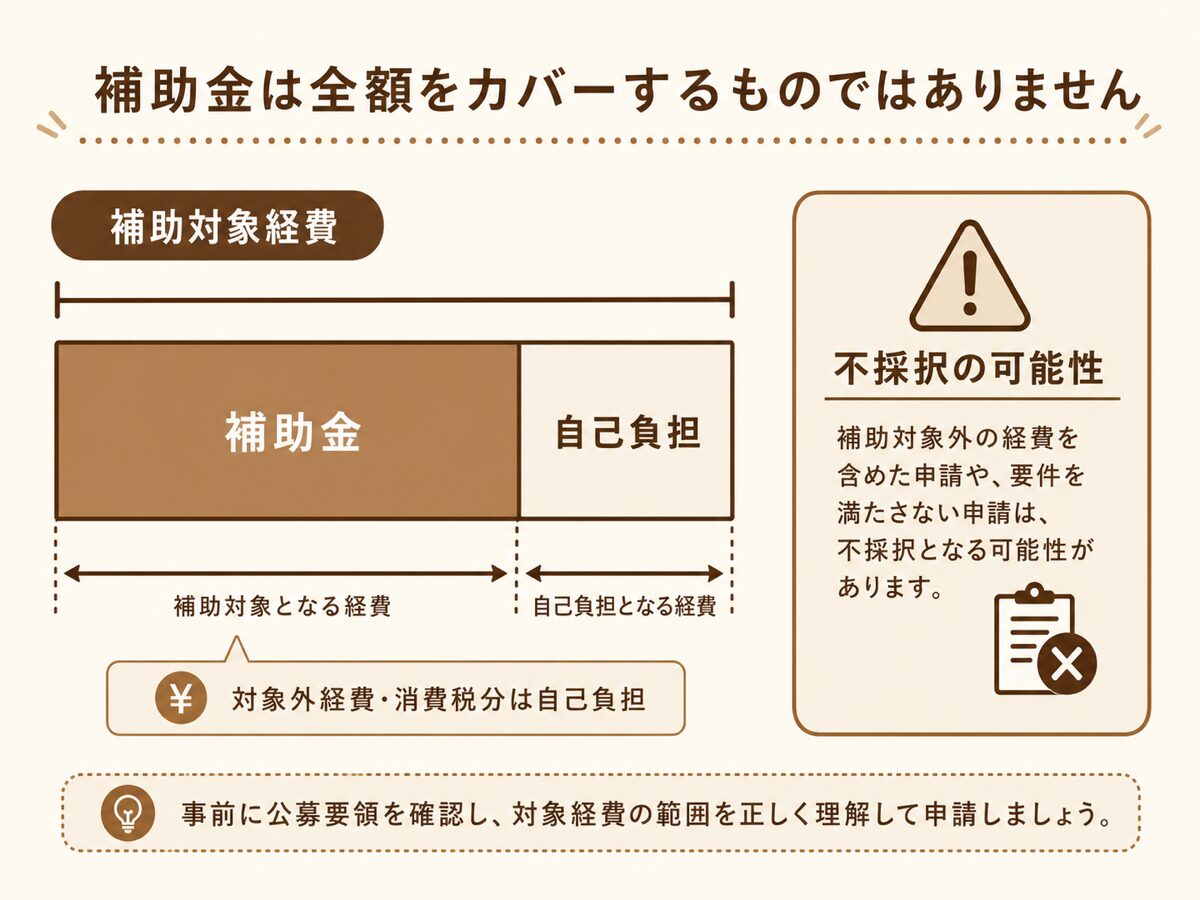 補助率と自己負担・不採択リスクなど補助金ありきの投資の危うさを示す図解