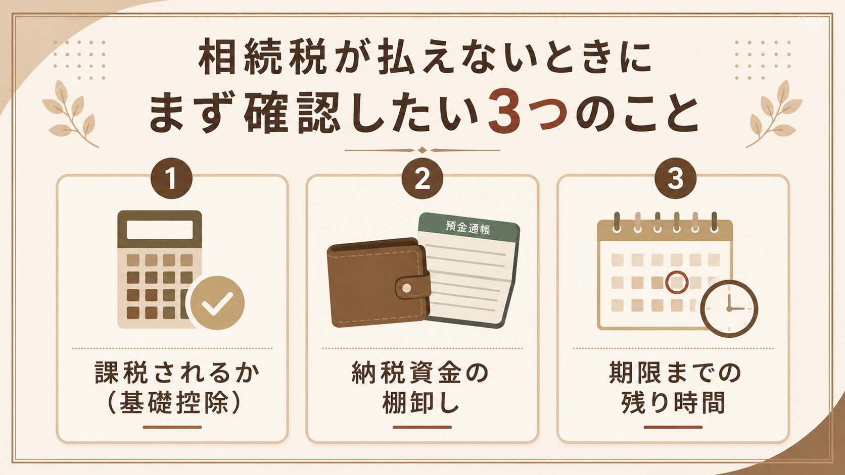 相続税が払えないときにまず確認する納税資金・期限・財産の内訳の3点を示した図解