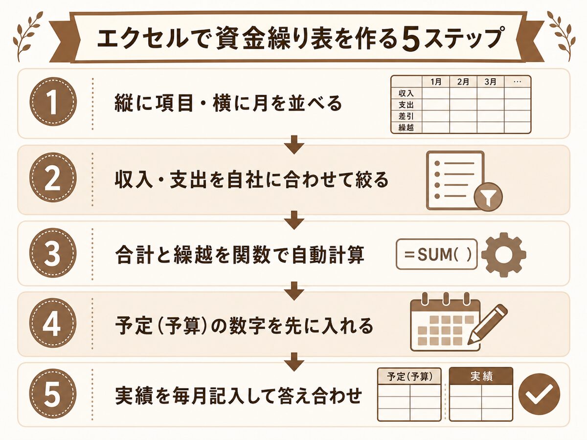 エクセルで資金繰り表を作る5ステップ(項目を並べる・関数で合計・予算実績を入れる)の図解