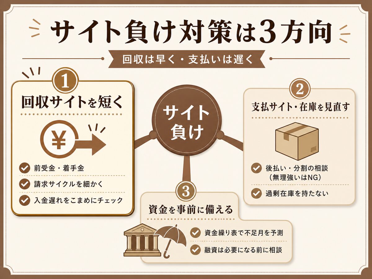 サイト負けの対策3方向(回収サイトを短く・支払サイトと在庫を見直す・資金を事前に備える)の図解