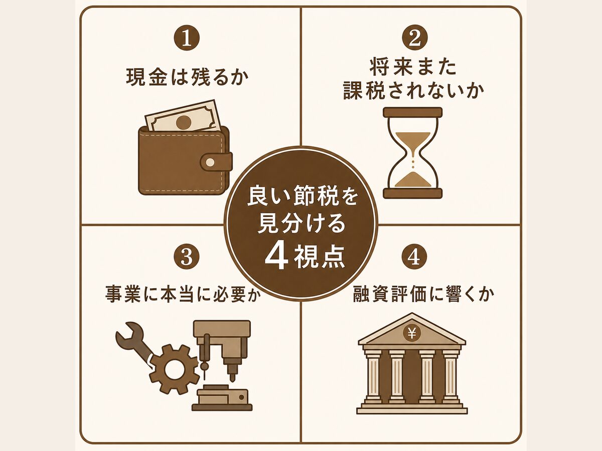 良い節税と悪い節税を見分ける4つの視点(現金流出・将来の課税・事業の必要性・融資への影響)の図解