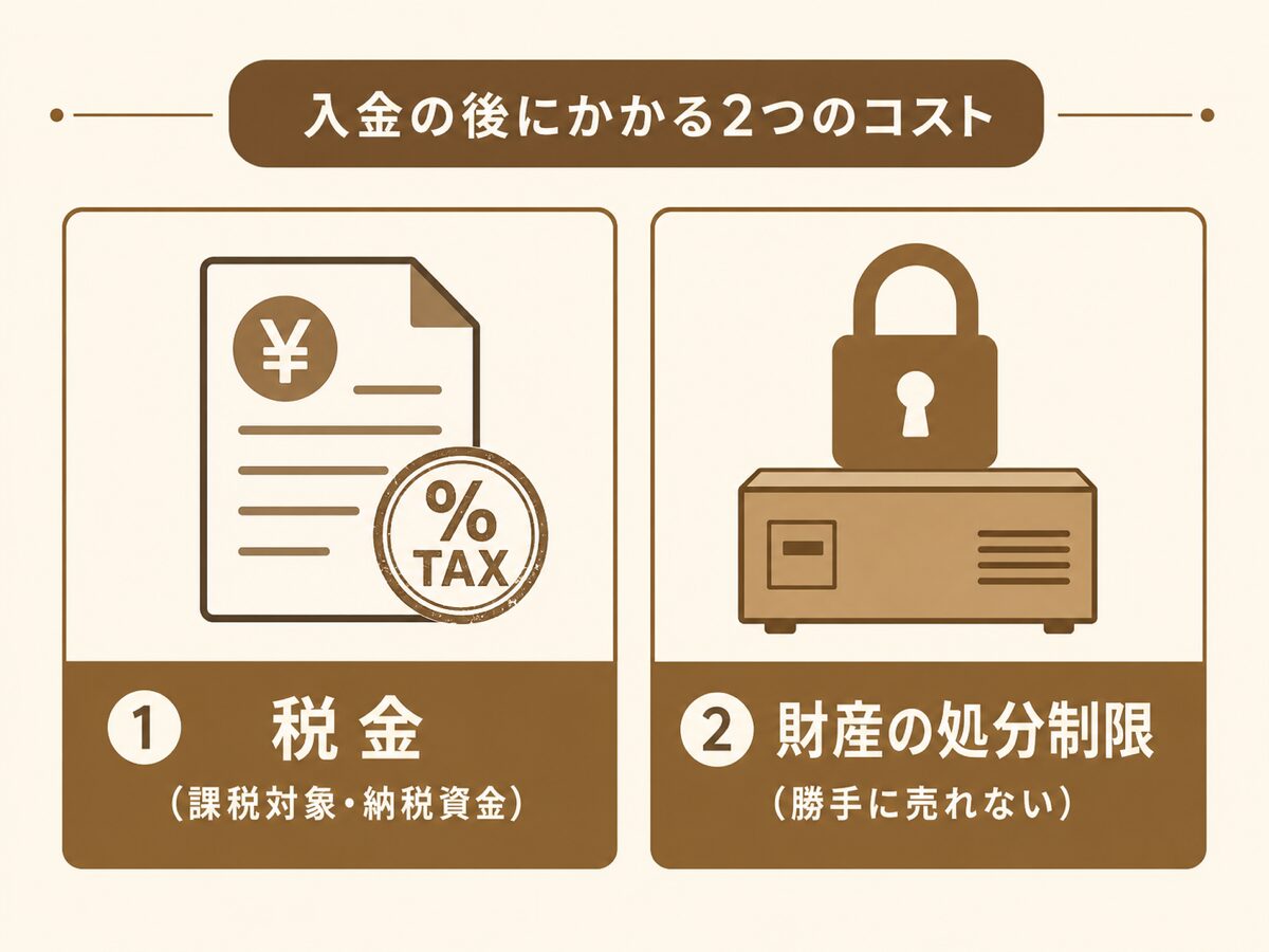 補助金の入金後にかかる税金と財産の処分制限の2つのコストを示す図解
