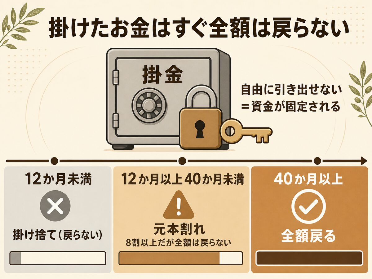 12か月未満は掛け捨て40か月未満は元本割れで掛金が共済に固定される資金拘束のデメリットを示す図解