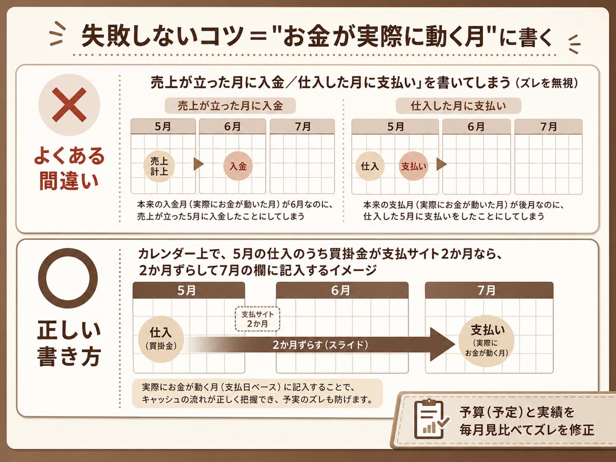 入金・支払サイトのズレを反映する書き方(実際に現金が動く月に記入する)の図解
