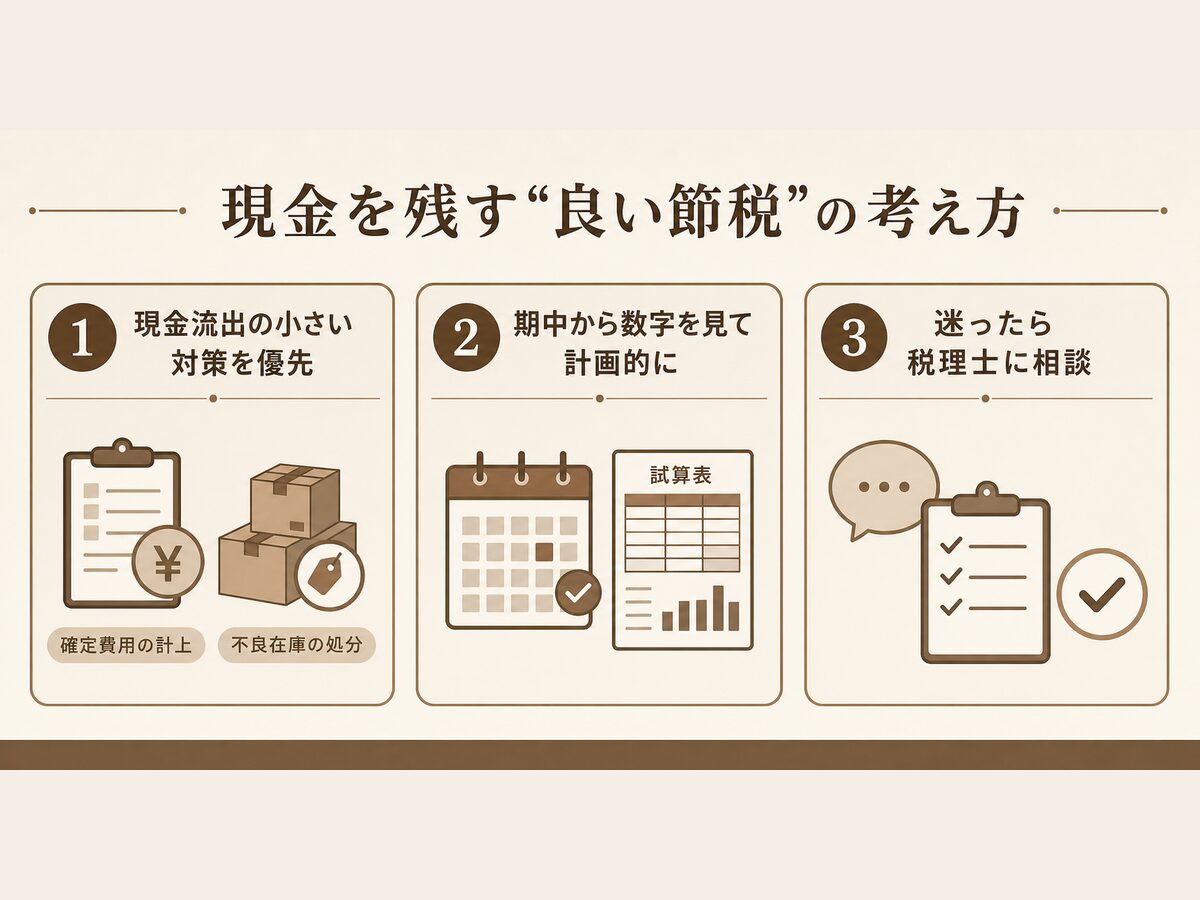 現金を守る節税の考え方と専門家に相談すべきタイミングを示す図解