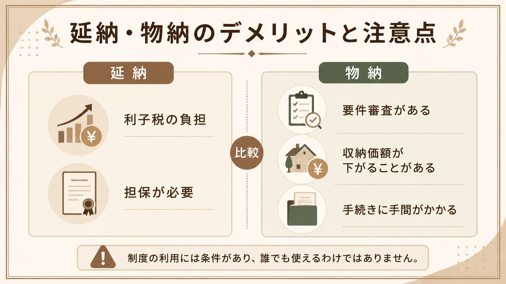 相続税が払えないときの延納と物納のデメリットと注意点を比較した図解
