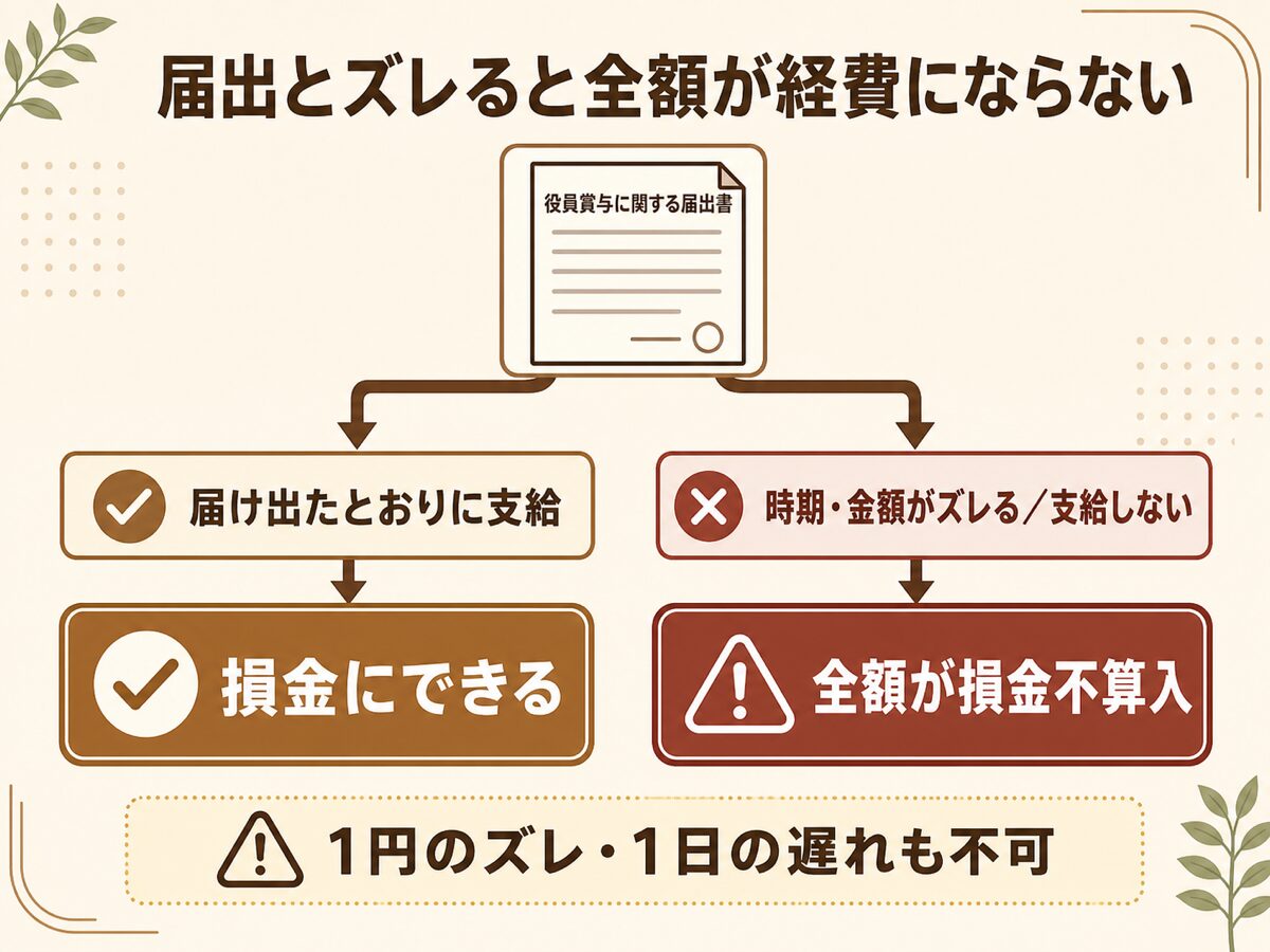 事前確定届出給与は届出期限を過ぎたり届け出た時期・金額とズレて支給すると全額が損金不算入になることを示す図解