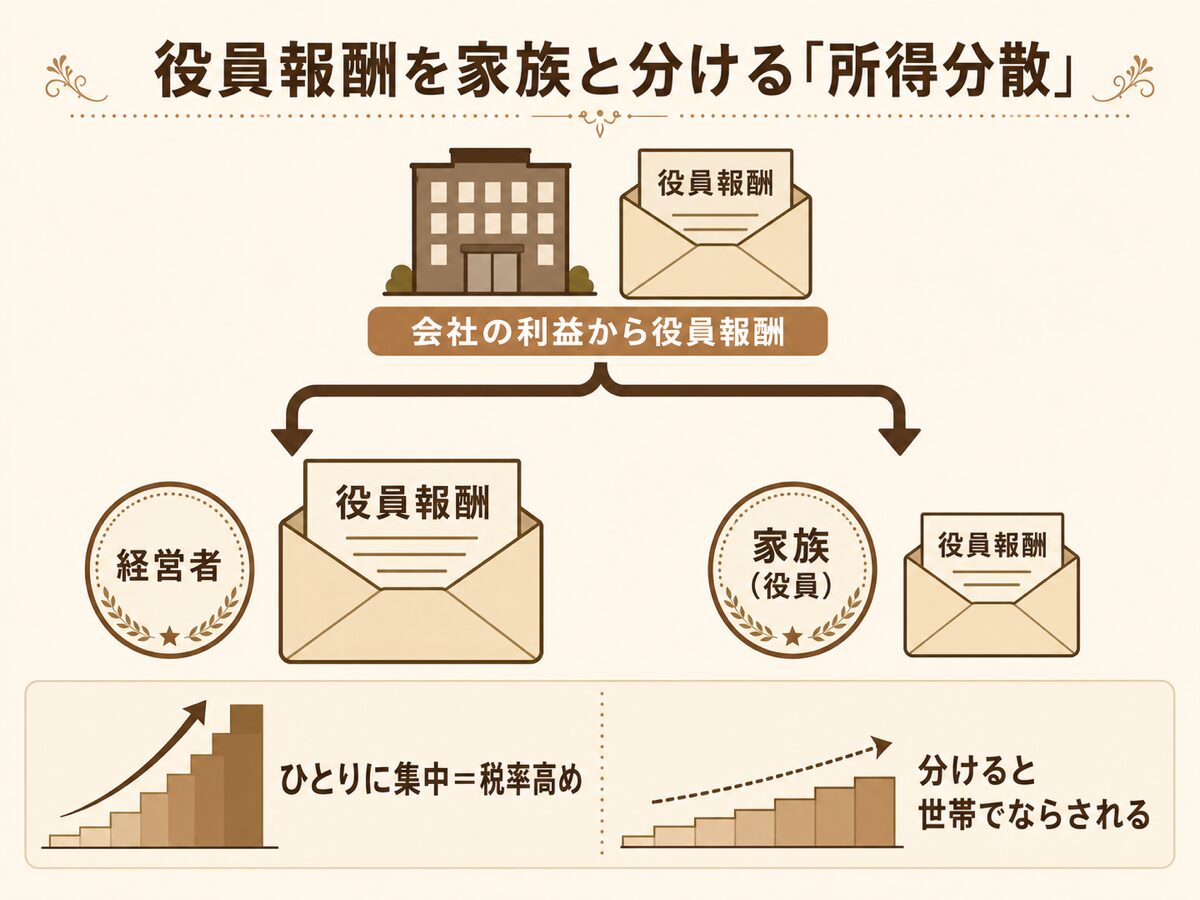 家族を役員にして役員報酬を分けると世帯全体の所得税負担が変わることがある所得分散の仕組みを示す図解