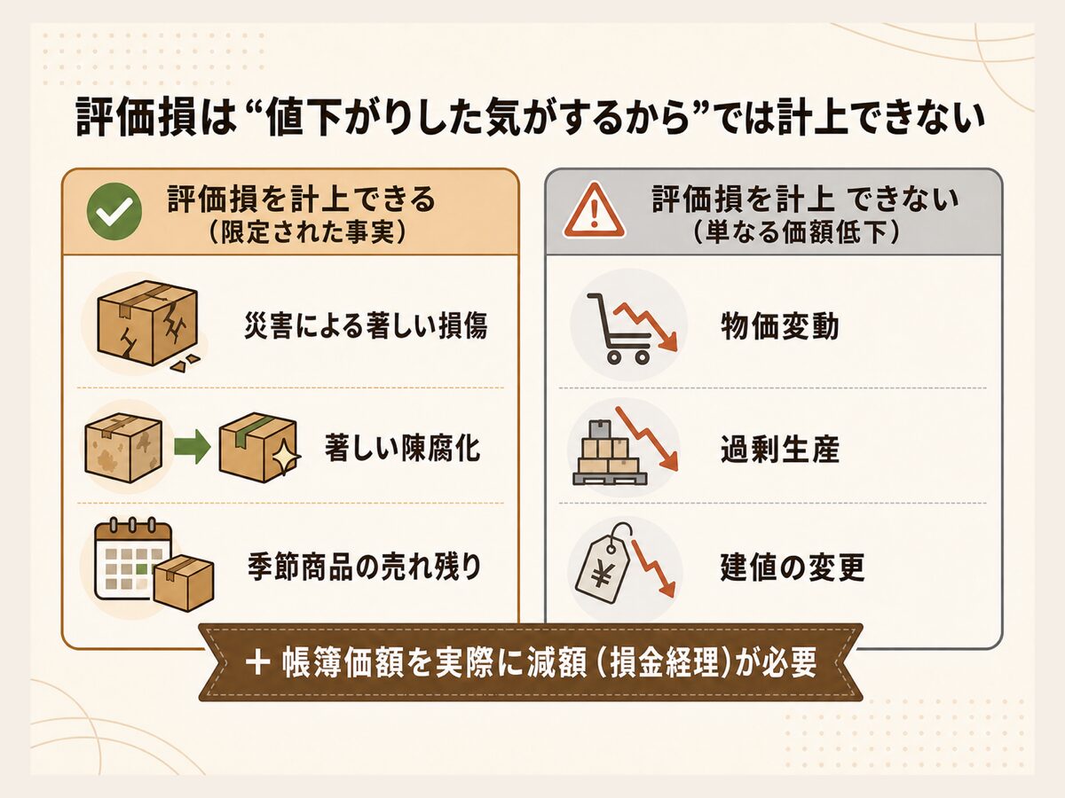 棚卸資産の評価損は災害による著しい損傷や著しい陳腐化など限定された事実がある場合だけで単なる値下がりでは計上できないことを示す図解