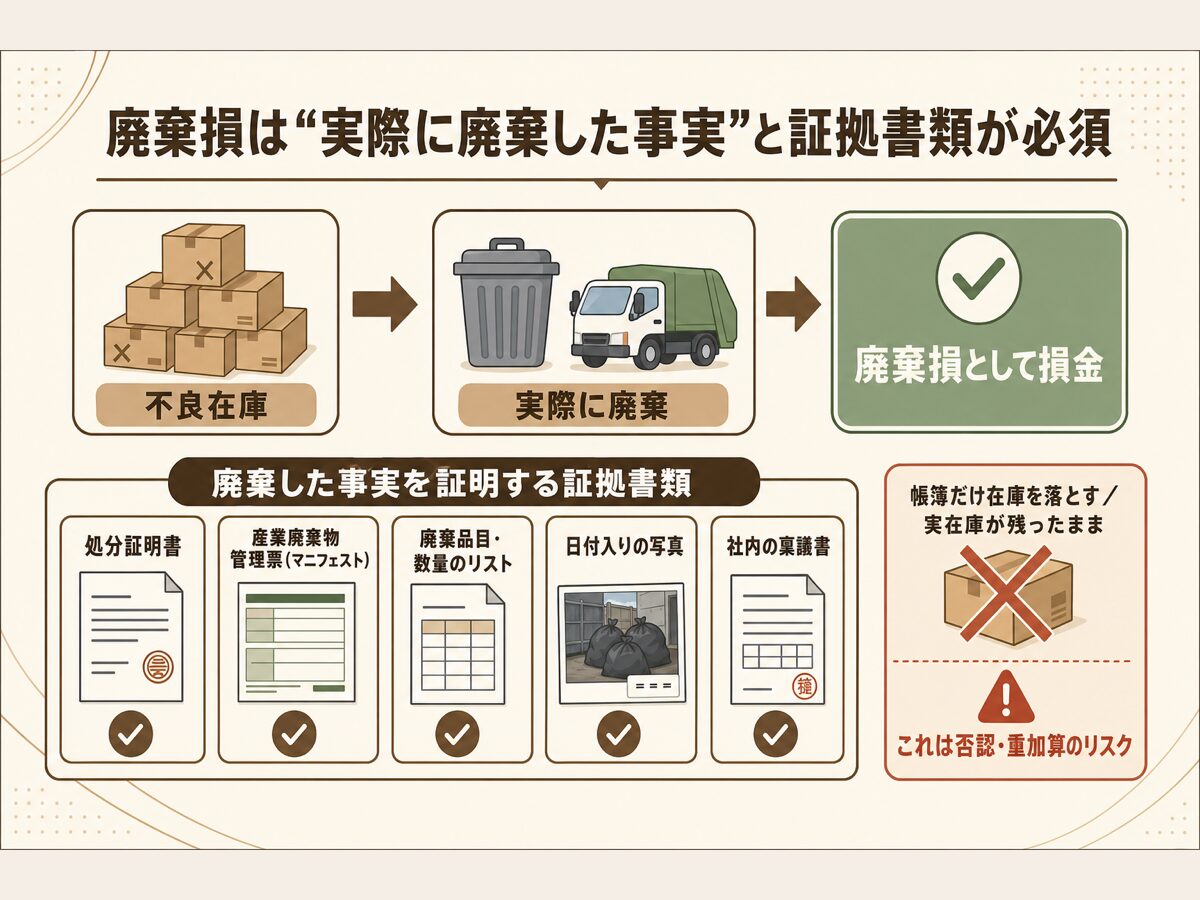 不良在庫を処分する廃棄損は実際に廃棄した事実と処分証明書やマニフェスト写真などの証拠書類が必須であることを示す図解