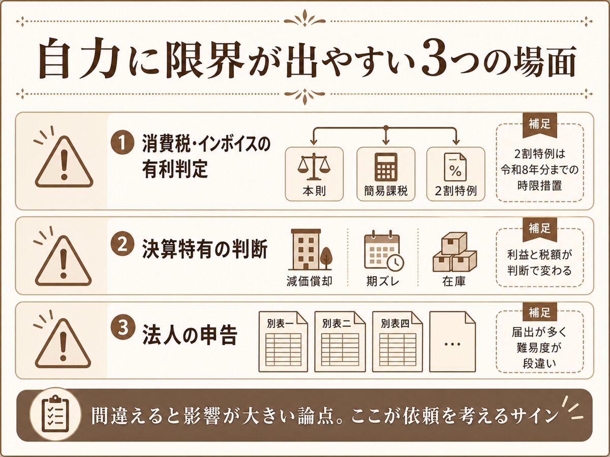 起業1年目に自力でつまずきやすい消費税の有利判定・減価償却や期ズレ・法人申告の3つの限界を示した図解