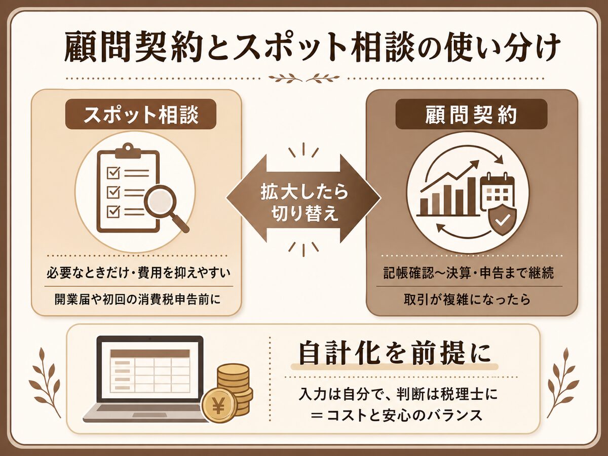起業1年目の顧問契約とスポット相談の使い分けと自計化でコストを抑える考え方の図解