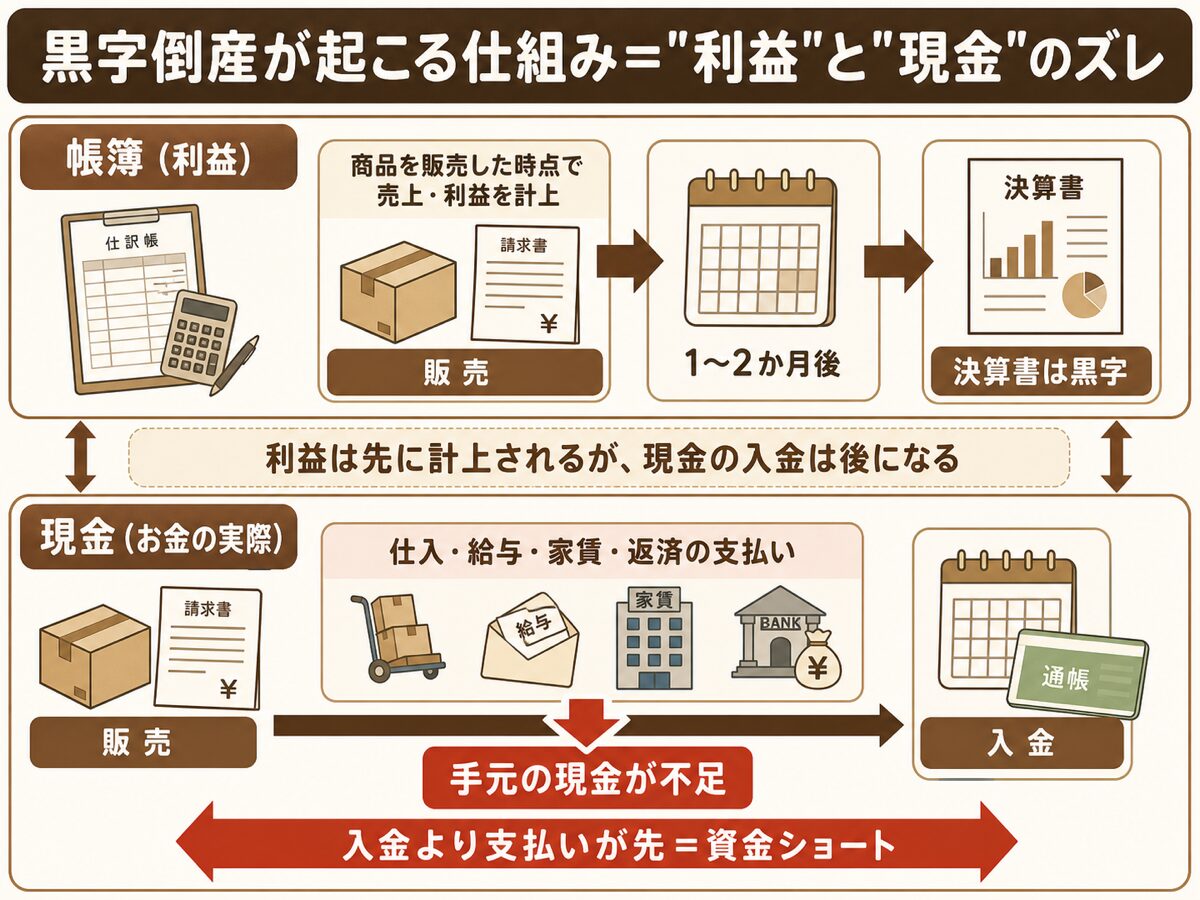 帳簿上の利益と手元の現金がズレて黒字倒産が起こる仕組みを示す図解