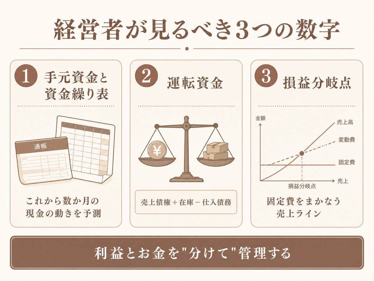 経営者が見るべき3つの数字(手元資金と資金繰り表・運転資金・損益分岐点)の図解