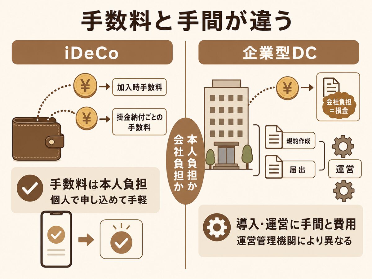 iDeCoは手数料が本人負担で手軽企業型DCは口座管理コストも会社負担だが導入運営に手間と費用がかかる違いを示す図解
