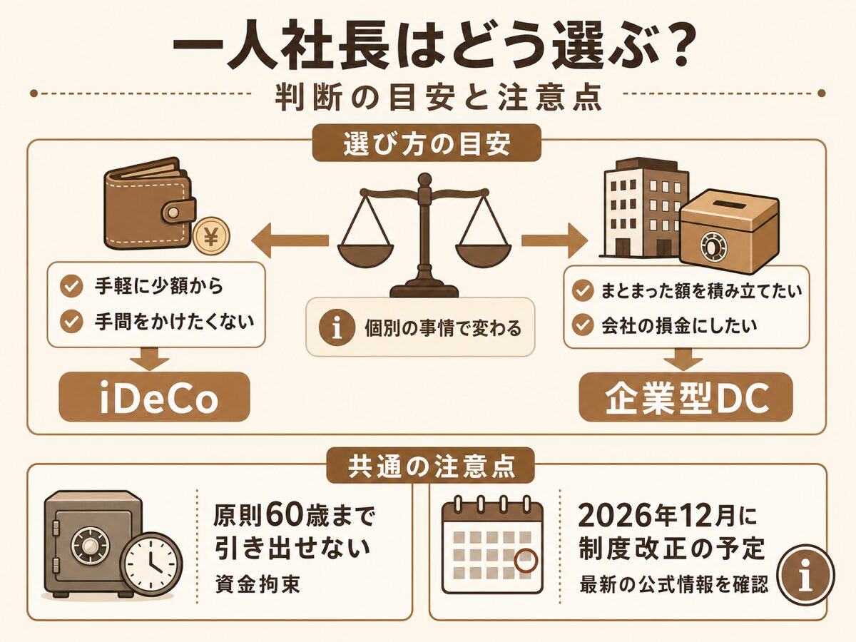 一人社長が企業型DCとiDeCoを選ぶ判断の目安と60歳まで引き出せない資金拘束などの注意点を示す図解