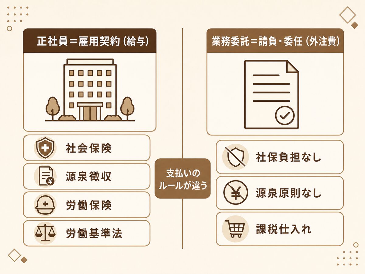 正社員は雇用契約で給与・業務委託は請負や委任で外注費という契約とコスト構造の違いを示す図解