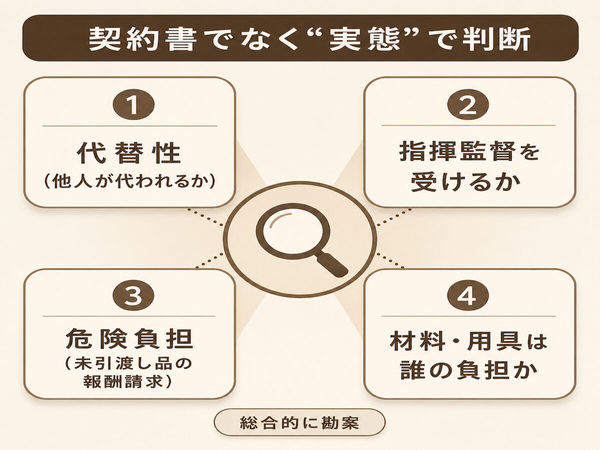 外注費か給与かを代替性・指揮監督・危険負担・材料用具の供与の4つの視点で実態判断することを示す図解