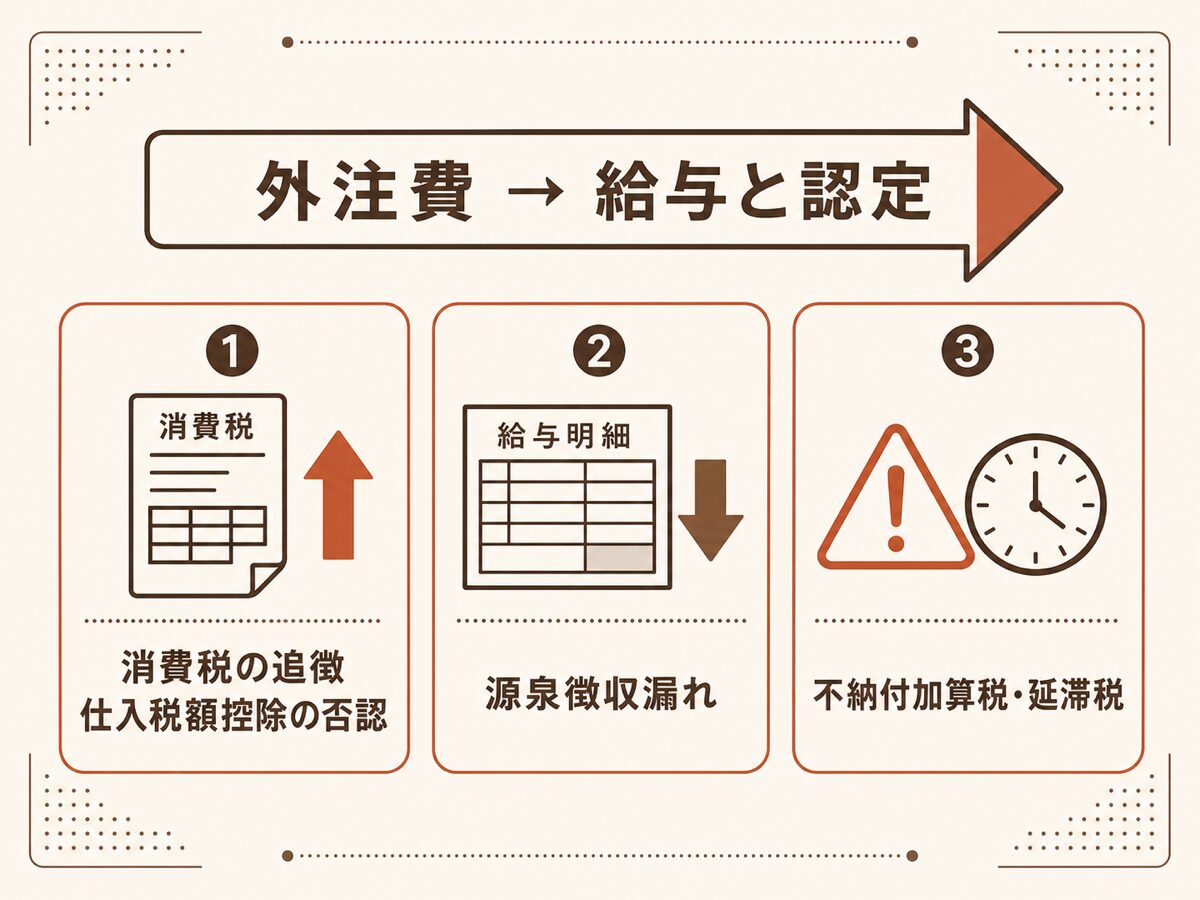 外注費が給与認定されると消費税の追徴・源泉徴収漏れ・加算税が生じるリスクを示す図解
