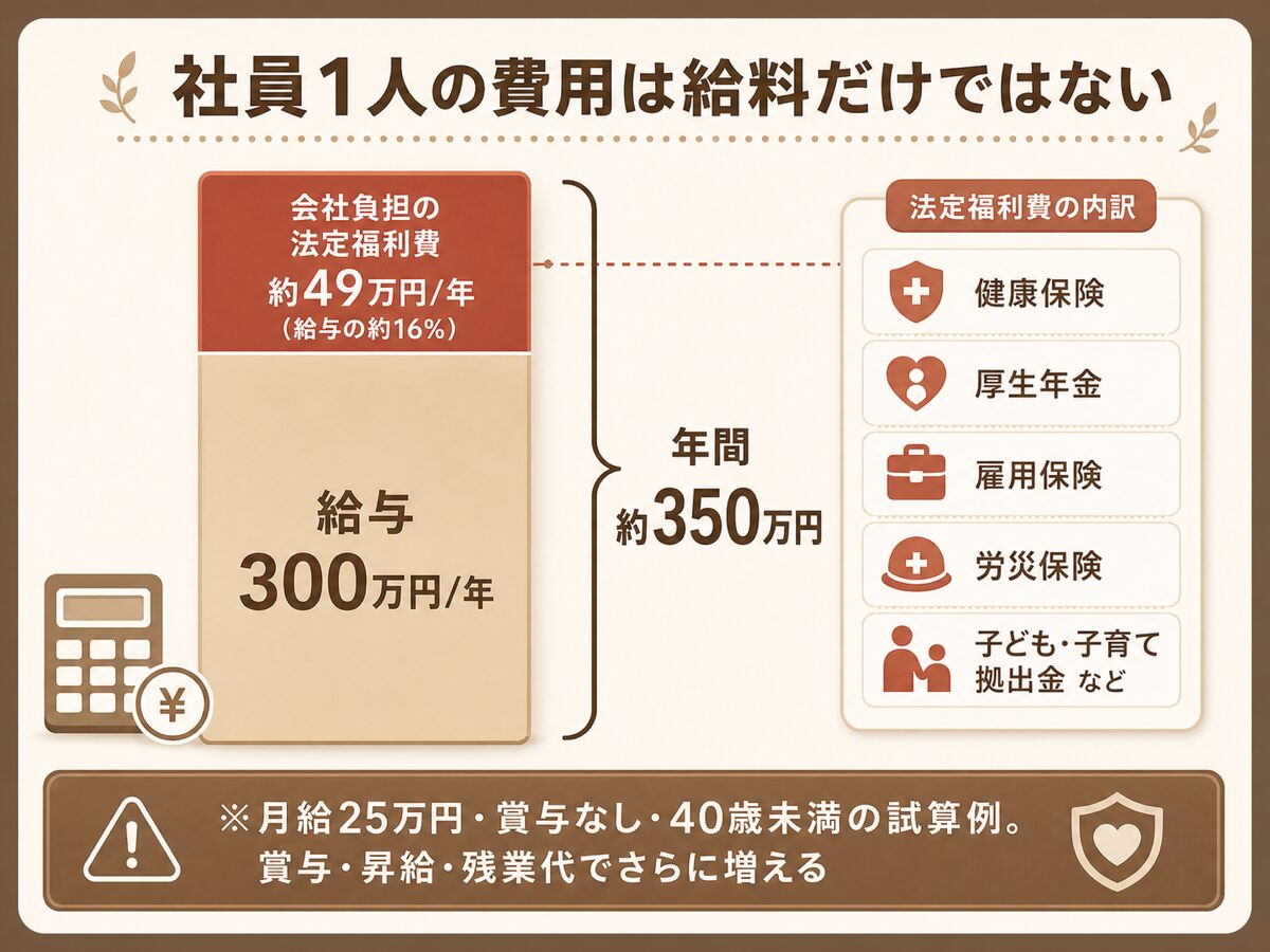 社員1人の費用の内訳(給与300万円+会社負担の法定福利費約49万円=年間約350万円)を示す図解
