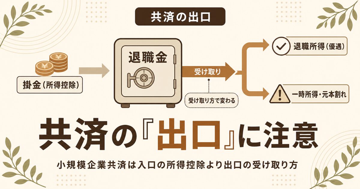 小規模企業共済のデメリット、任意解約の元本割れと出口の税金の注意点を解説する記事のアイキャッチ