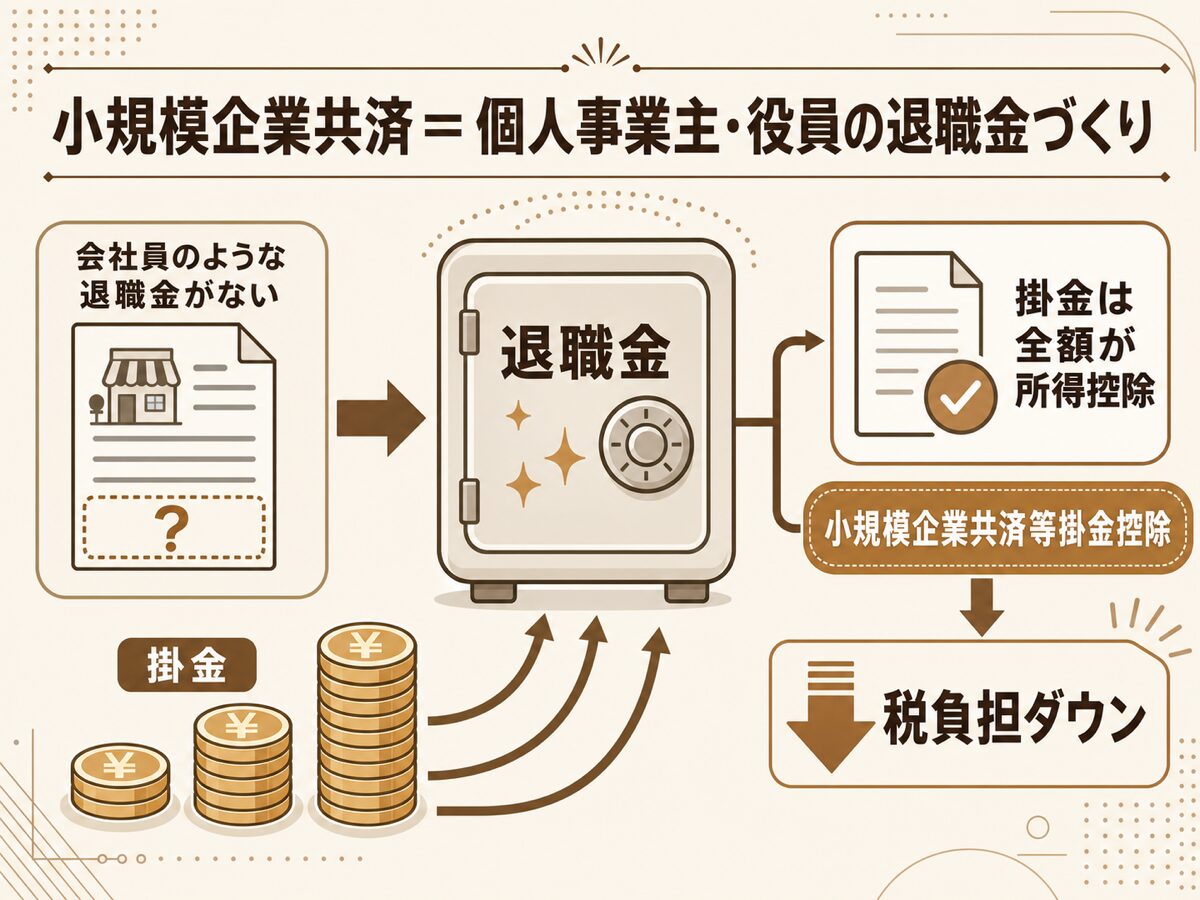 小規模企業共済は個人事業主や役員のための積み立てによる退職金制度で掛金が全額所得控除になる仕組みを示す図解