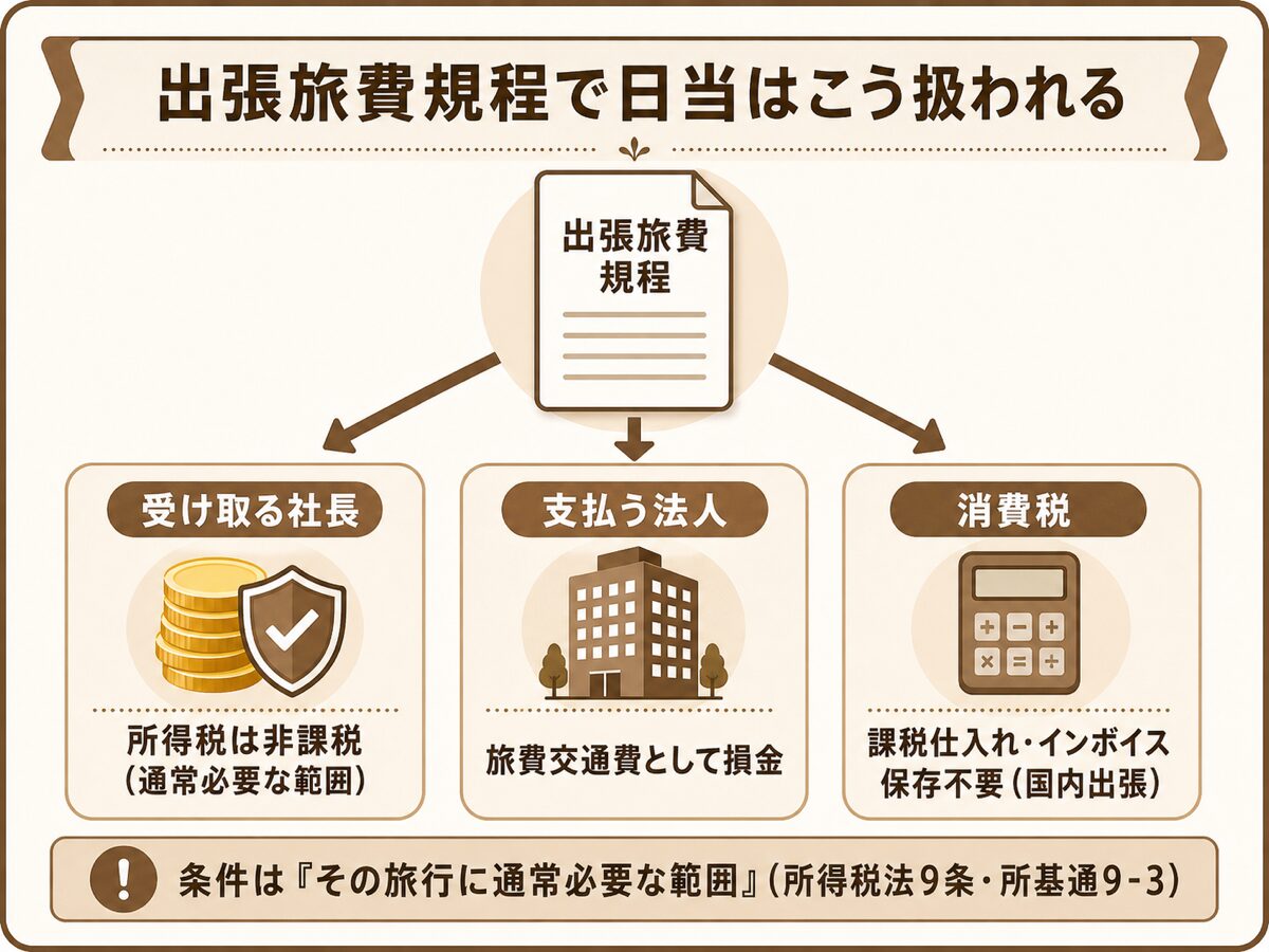 出張旅費規程による日当が受取側非課税・法人側損金・消費税課税仕入れになる仕組みの図解
