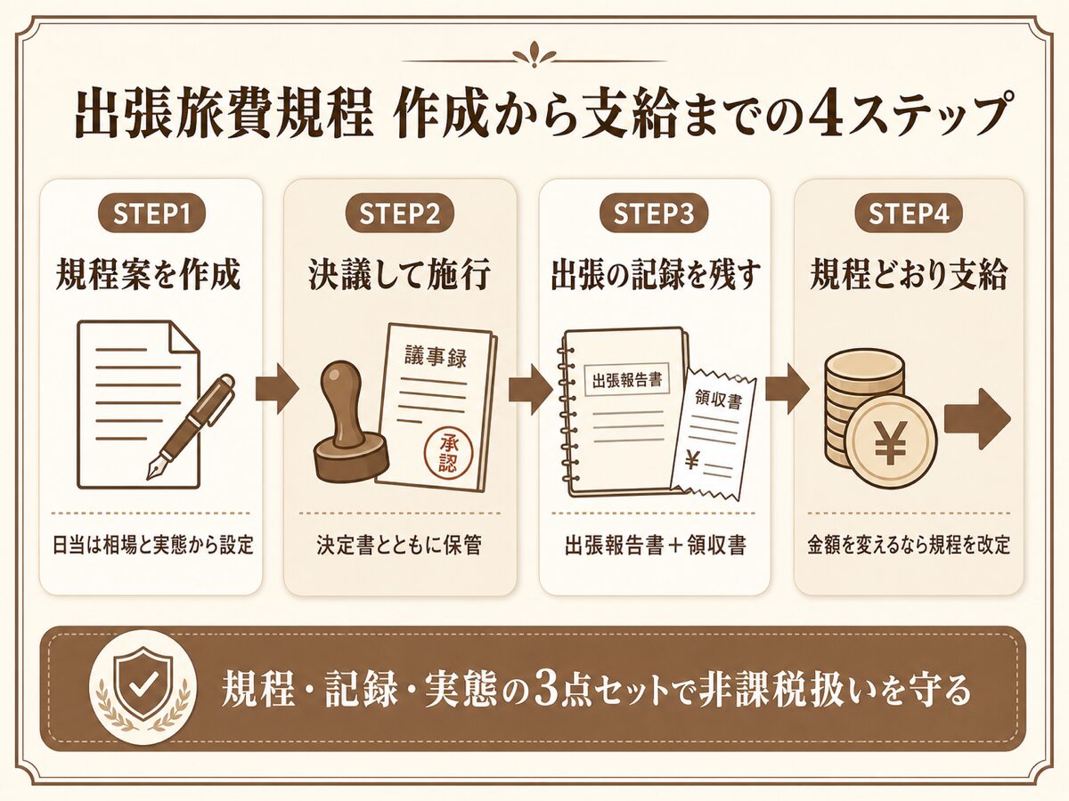 一人社長の出張旅費規程の作成から支給までの4ステップと記載事項の図解