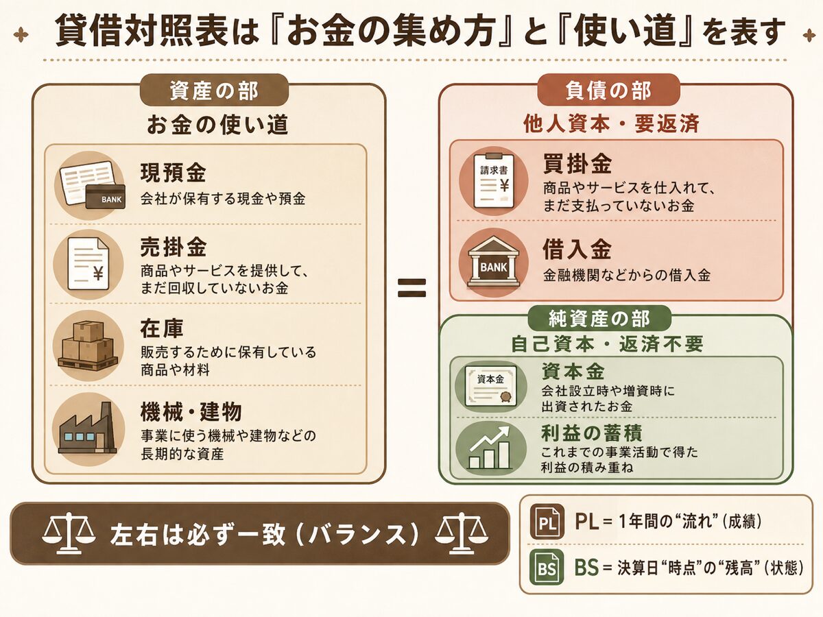 貸借対照表の構造（左＝資産＝お金の使い道／右＝負債・純資産＝お金の集め方）と損益計算書との違いを示す図解